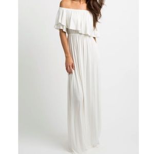 Pink Blush | Ivory Off Shoulder Ruffle Trim Maxi Dress
